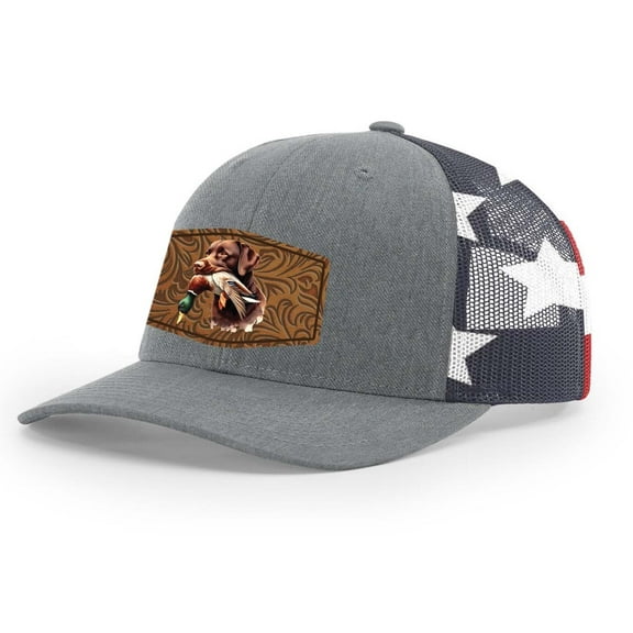 Heritage Pride AG Hat Co. Mens Patch Hat Chocolate Lab Duck Hunting Leather Patch Mesh Back Trucker Hat, Heather Grey/Flag