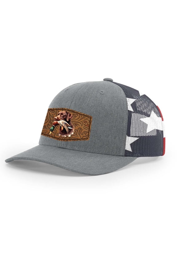 AG Hat Co. Mens Patch Hat Chocolate Lab Duck Hunting Leather Patch Mesh Back Trucker Hat, Heather Grey/Flag
