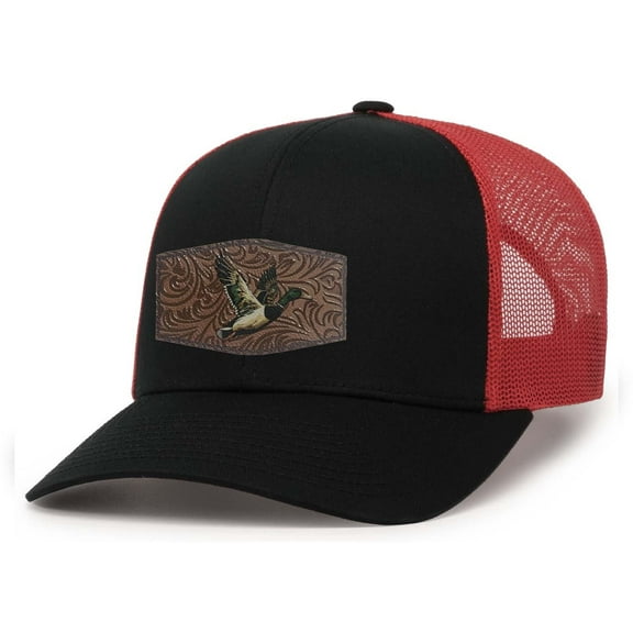 Heritage Pride AG Hat Co. Mens Patch Hat Flying Mallard Duck Embroidered Patch Mesh Back Trucker Hat, Black/Red