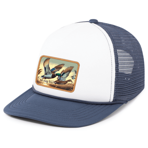 Heritage Pride AG Hat Co. Mens Patch Hat Flying Mallard Duck Embroidered Patch Mesh Back Trucker Hat, White/Navy/Navy