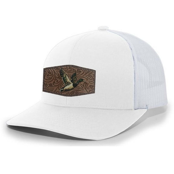 Heritage Pride AG Hat Co. Mens Patch Hat Flying Mallard Duck Embroidered Patch Mesh Back Trucker Hat, White/White