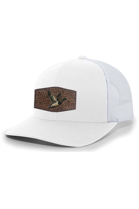 AG Hat Co. Mens Patch Hat Flying Mallard Duck Embroidered Patch Mesh Back Trucker Hat, White/White