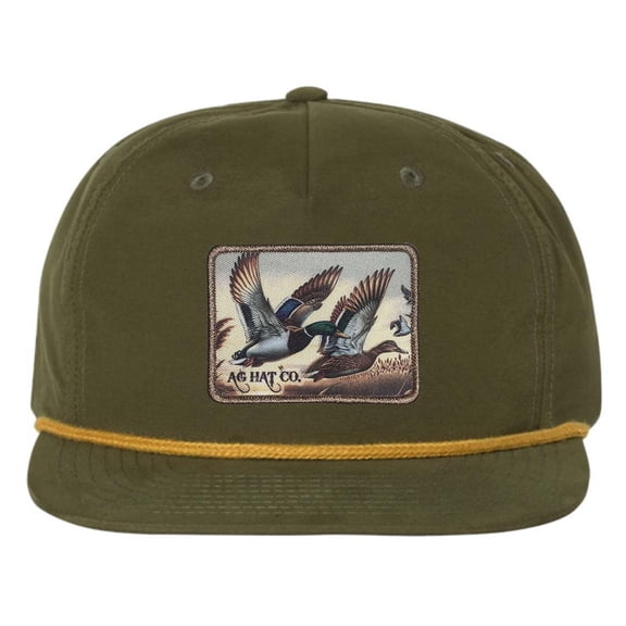 Heritage Pride AG Hat Co. Mens Patch Hat Flying Mallard Duck Embroidered Patch Rope Trucker Snapback Hat , Loden/Amber Rope