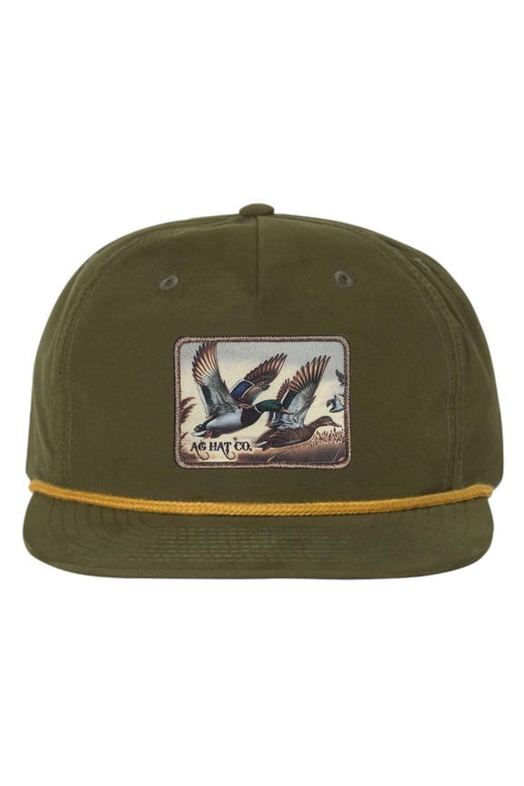 AG Hat Co. Mens Patch Hat Flying Mallard Duck Embroidered Patch Rope Trucker Snapback Hat , Loden/Amber Rope