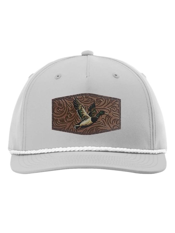AG Hat Co. Mens Patch Hat Flying Mallard Duck Leather Patch Rope Trucker Snapback Hat , Light Grey/White Rope