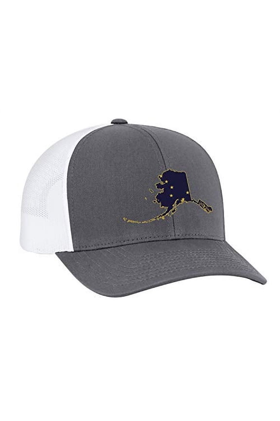 Alaska State Flag Embroidered Trucker Mesh Snapback Hat-Granite-White Mesh