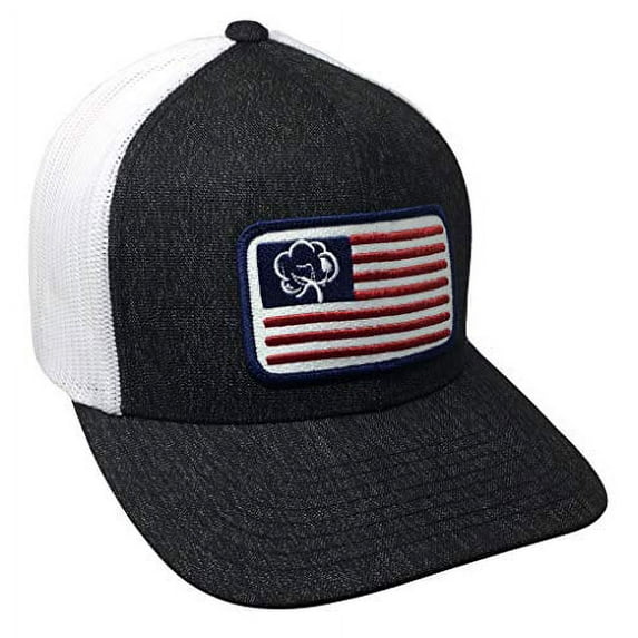 Heritage Pride American Cotton Boll Flag Trucker Mesh Snapback Hat- Black Heather, White Mesh