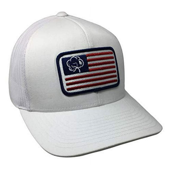Heritage Pride American Cotton Boll Flag Trucker Mesh Snapback Hat- White, White Mesh