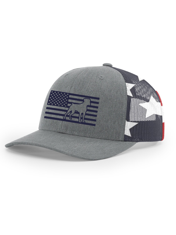 American Flag Dog Breeds Trucker Hat - Embroidered Patriotic Mesh Snapback Cap-Heather Grey/American Flag, Boxer