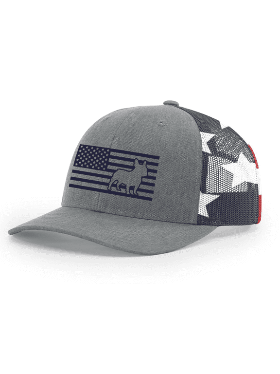 American Flag Dog Breeds Trucker Hat - Embroidered Patriotic Mesh Snapback Cap-Heather Grey/American Flag, French Bulldog