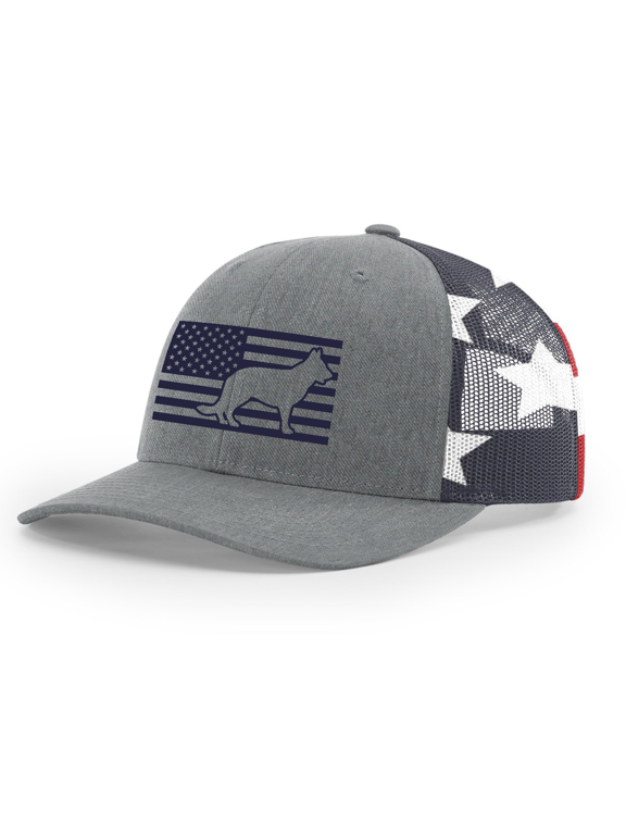 American Flag Dog Breeds Trucker Hat - Embroidered Patriotic Mesh Snapback Cap-Heather Grey/American Flag, German Shepherd