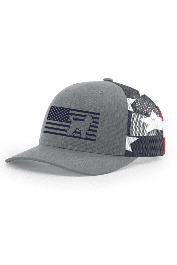Heritage Pride American Flag Dog Breeds Trucker Hat - Embroidered Patriotic Mesh Snapback Cap-Heather Grey/American Flag, Golden Doodle