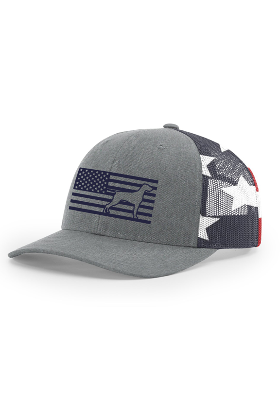 Heritage Pride American Flag Dog Breeds Trucker Hat - Embroidered Patriotic Mesh Snapback Cap-Heather Grey/American Flag, Pointer