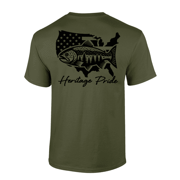 Heritage Pride American Flag Trout Fishing Outdoors Short Sleeve T-shirt-Military Green-small