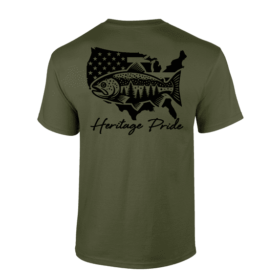 Heritage Pride American Flag Trout Fishing Outdoors Short Sleeve T-shirt-Military Green-xxxl