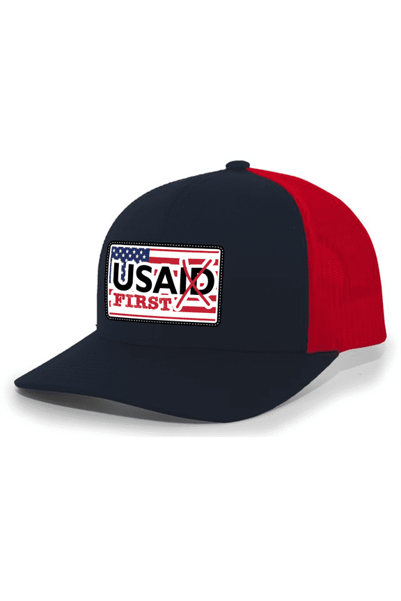 American Flag USA(ID) First Embroidered Leather Patch Mesh Back Trucker Hat, Navy/Red