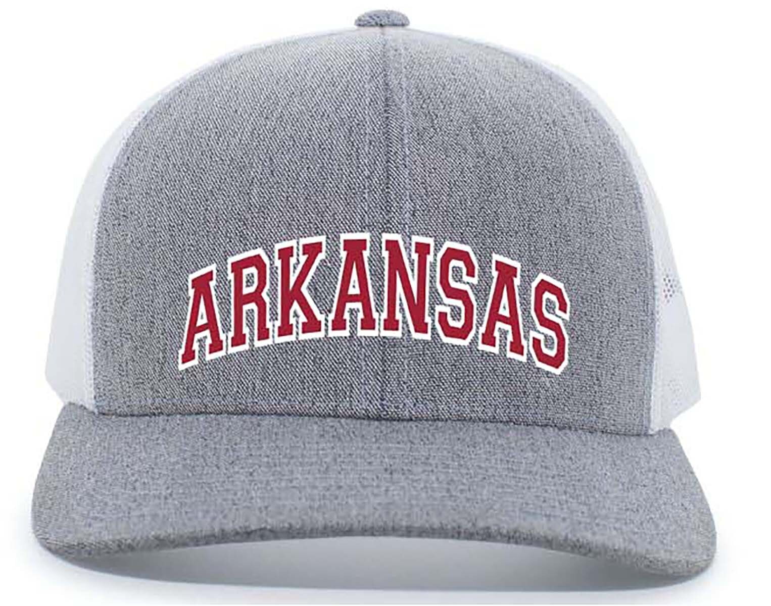 Heritage Pride Arkansas Football Team Color State Name Embroidered Mesh Back Trucker Hat-Arkansas-Heather Grey/White