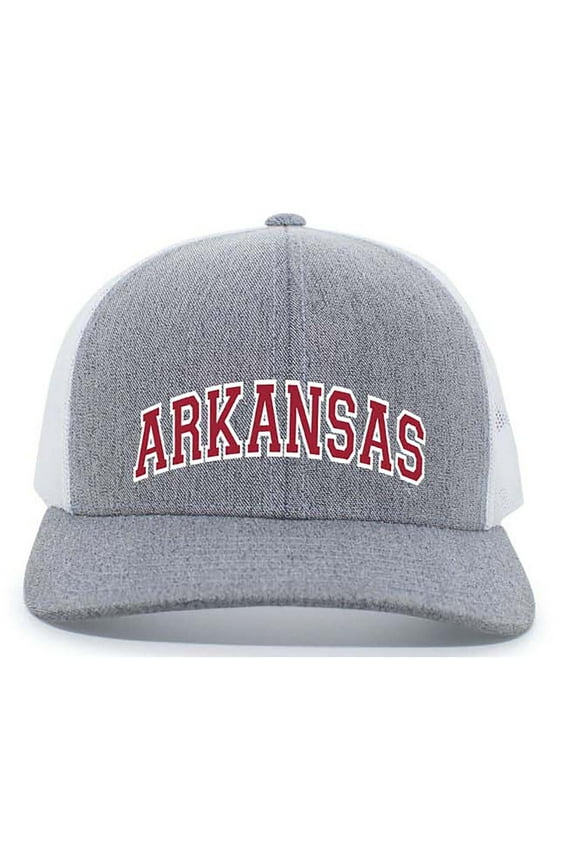 Arkansas Football Team Color State Name Embroidered Mesh Back Trucker Hat-Arkansas-Heather Grey/White
