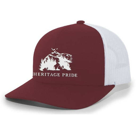 Heritage Pride Bear Mountain Scenic Nature Mens Embroidered Mesh Back Trucker Hat Baseball Cap, Cardinal/White