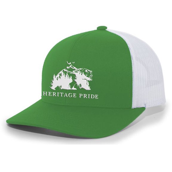 Heritage Pride Bear Mountain Scenic Nature Mens Embroidered Mesh Back Trucker Hat Baseball Cap, Kelly/White