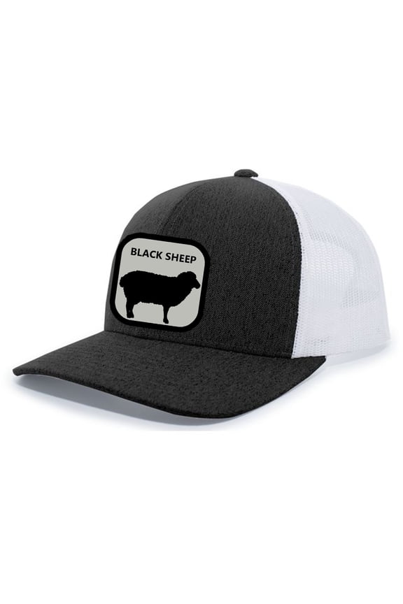 Black Sheep Hat Farm Animal Embroidered Mesh Back Trucker Hat, Black Heather/White