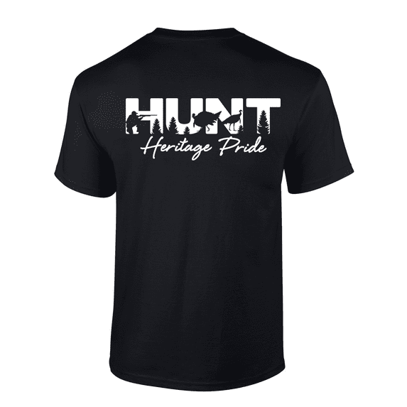 Heritage Pride Bold HUNT Wording With Hunter and Wild Turkeys Mens Short-Sleeve T-Shirt-Black-5xl