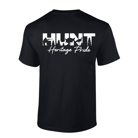 Heritage Pride Bold HUNT Wording With Hunter and Wild Turkeys Mens Short-Sleeve T-Shirt-Black-xl