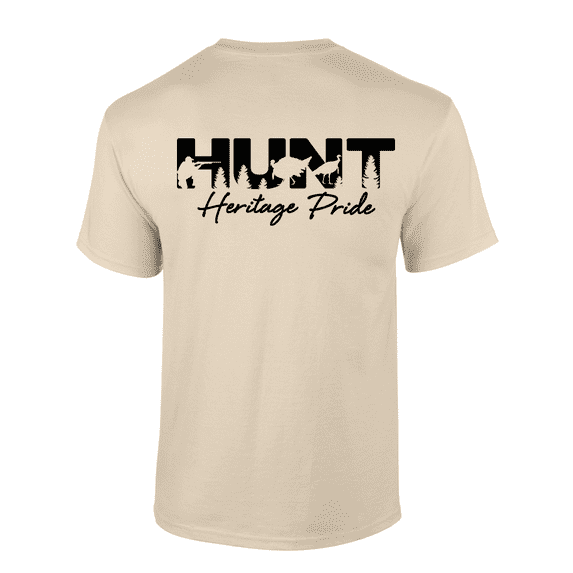 Heritage Pride Bold HUNT Wording With Hunter and Wild Turkeys Mens Short-Sleeve T-Shirt-Sand-5xl