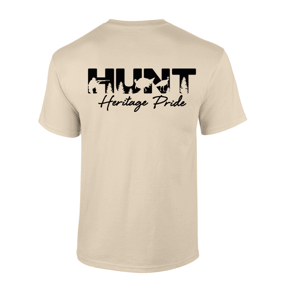 Heritage Pride Bold HUNT Wording With Hunter and Wild Turkeys Mens Short-Sleeve T-Shirt-Sand-large