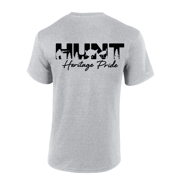 Heritage Pride Bold HUNT Wording With Hunter and Wild Turkeys Mens Short-Sleeve T-Shirt-Sports Grey-small