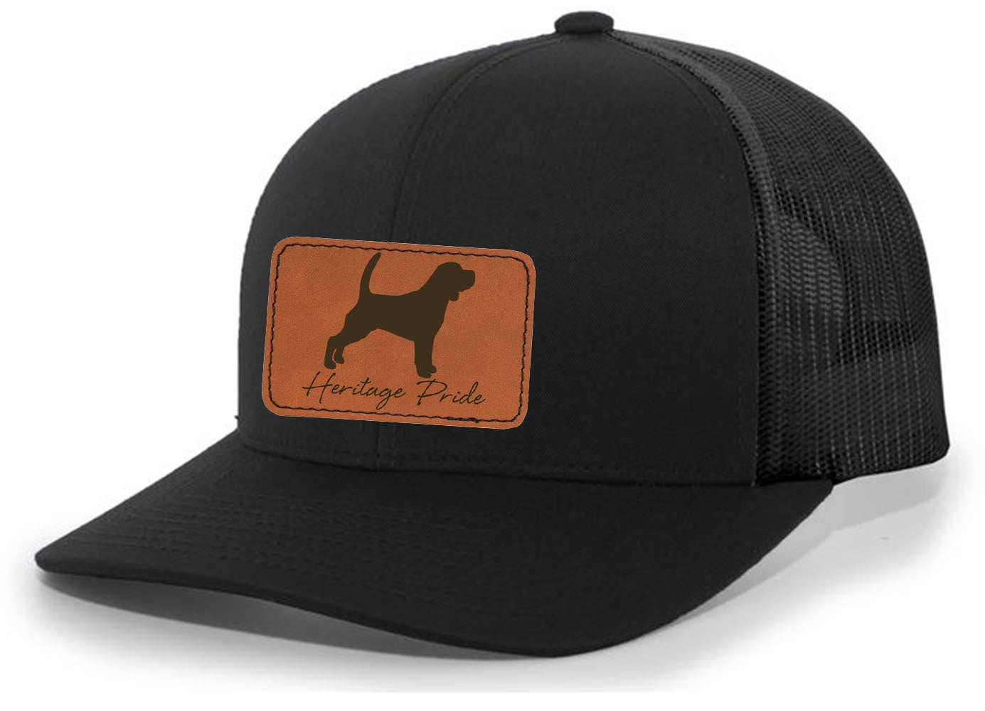 Heritage Pride Canine Collection Beagle Hunting Dog Mens Engraved Leather Patch Mesh Back Trucker Hat, Black/Black