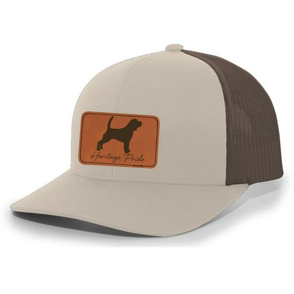 Heritage Pride Canine Collection Beagle Hunting Dog Mens Engraved Leather Patch Mesh Back Trucker Hat, Khaki/Brown
