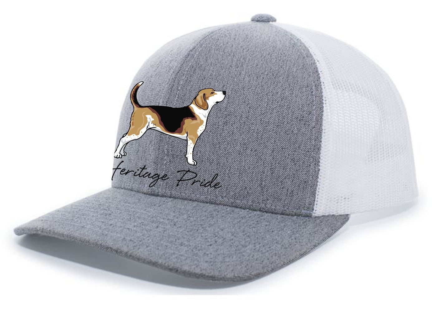 Heritage Pride Canine Collection Beagle Scent Hound Hunting Dog Mens Embroidered Mesh Back Trucker Hat, Heather Grey/White