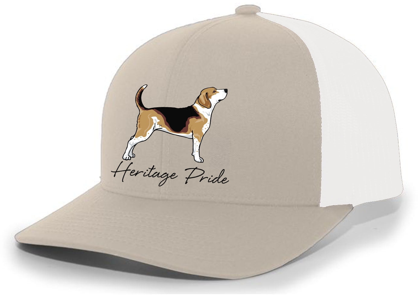 Heritage Pride Canine Collection Beagle Scent Hound Hunting Dog Mens Embroidered Mesh Back Trucker Hat, Khaki/White