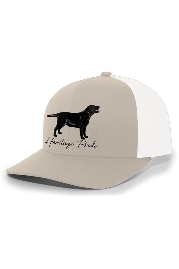 Canine Collection Black Lab Labrador Retriever Hunting Dog Mens Embroidered Mesh Back Trucker Hat, Khaki/White