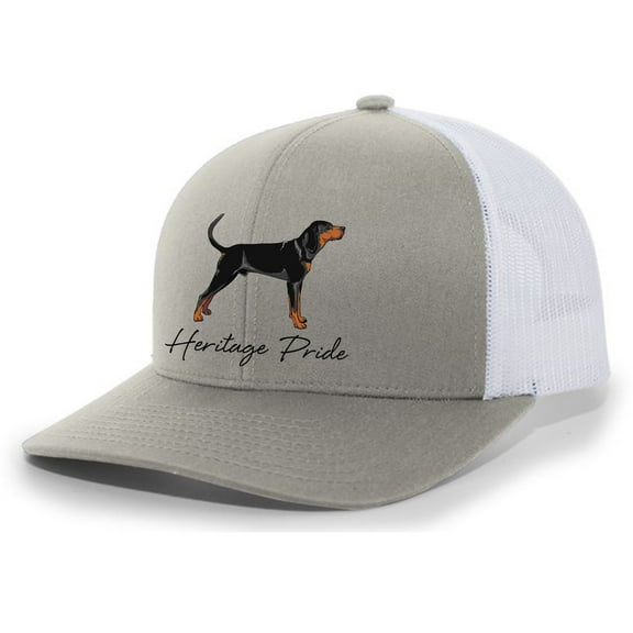 Heritage Pride Canine Collection Black and Tan Coonhound Hunting Dog Mens Embroidered Mesh Back Trucker Hat, Silver/White