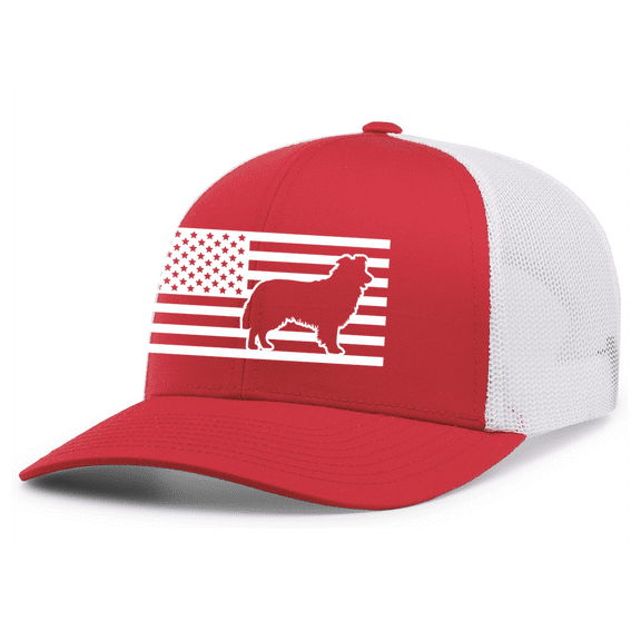 Heritage Pride Canine Collection Border Collie American Flag Embroidered Mesh Back Trucker Hat, Red/White