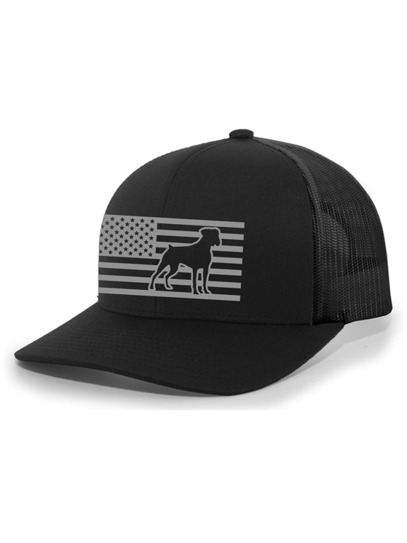 Canine Collection Boxer American Flag Embroidered Mesh Back Trucker Hat, Black/Black