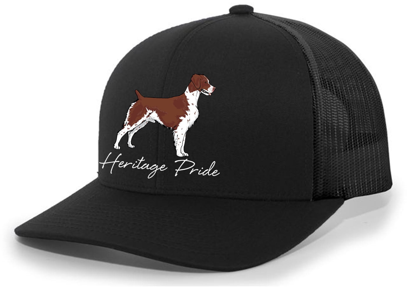 Heritage Pride Canine Collection Brittany Hunting Dog Mens Embroidered Mesh Back Trucker Hat, Black/Black
