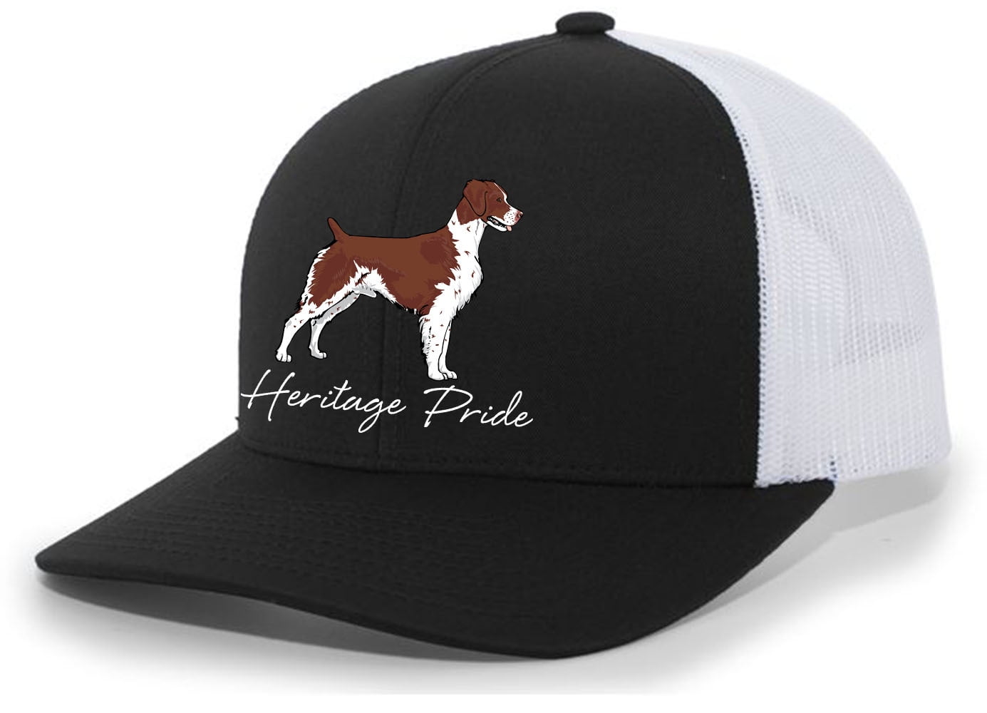 Heritage Pride Canine Collection Brittany Hunting Dog Mens Embroidered Mesh Back Trucker Hat, Black/White