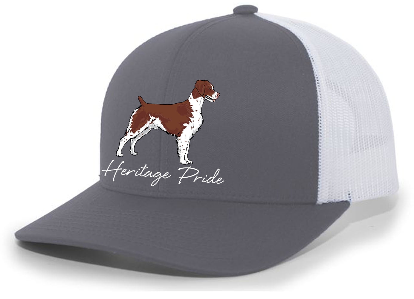 Heritage Pride Canine Collection Brittany Hunting Dog Mens Embroidered Mesh Back Trucker Hat, Charcoal/White