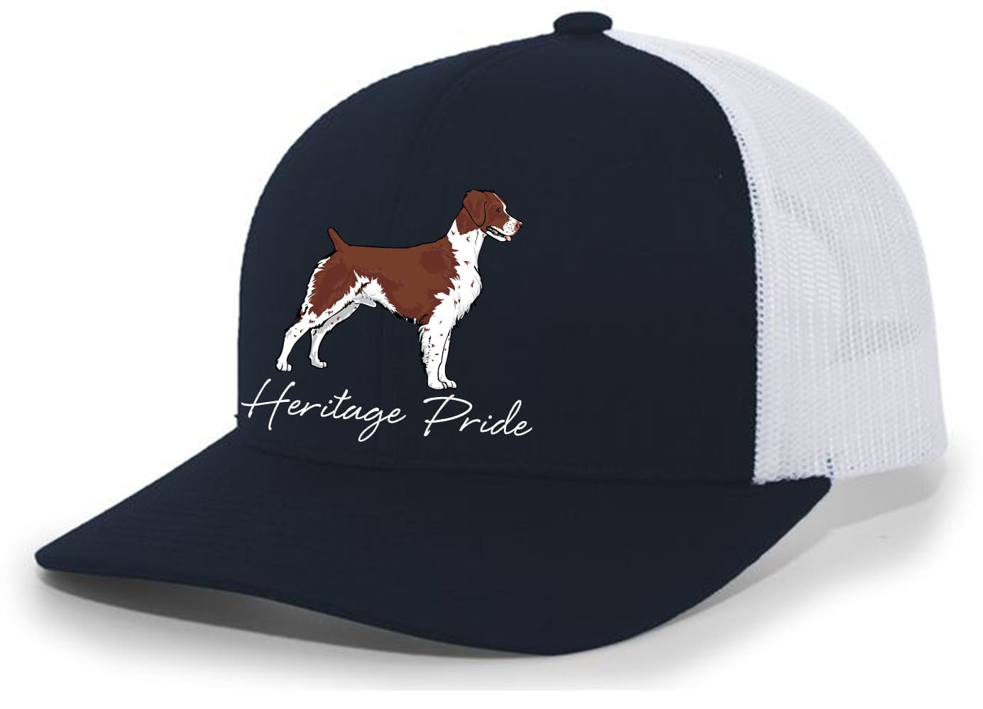 Heritage Pride Canine Collection Brittany Hunting Dog Mens Embroidered Mesh Back Trucker Hat, Navy/White