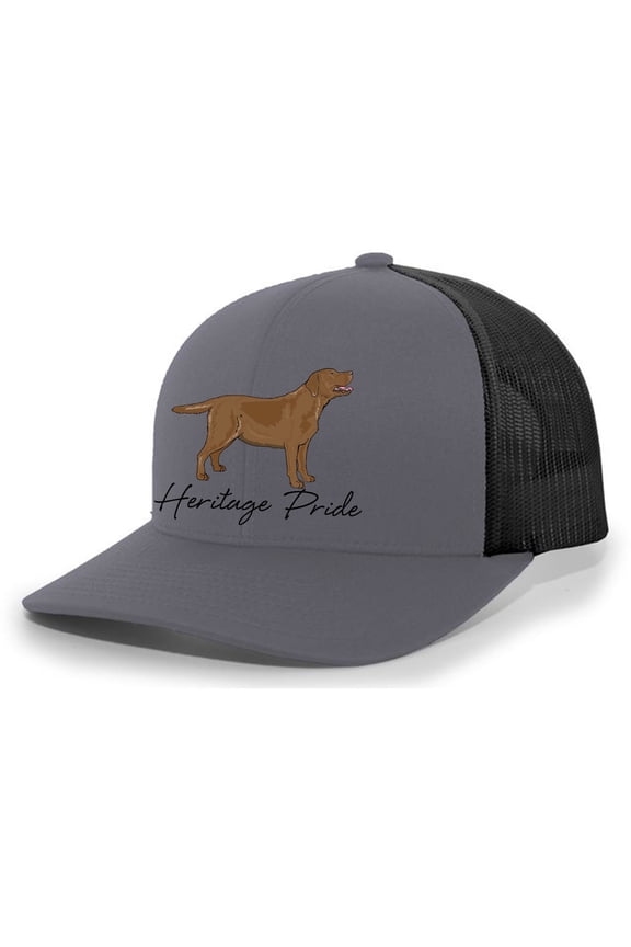 Canine Collection Chocolate Lab Labrador Retriever Hunting Dog Mens Embroidered Mesh Back Trucker Hat, Charcoal/Black
