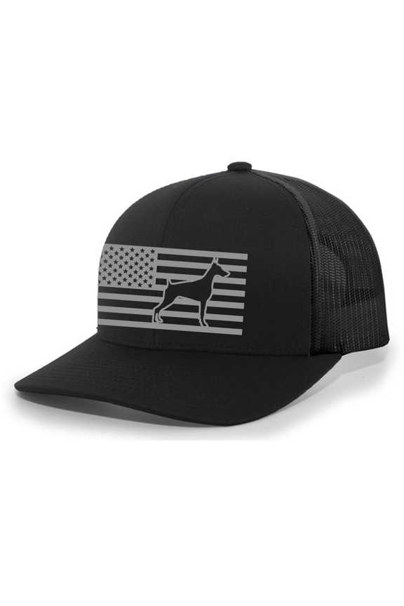Canine Collection Doberman American Flag Embroidered Mesh Back Trucker Hat, Black/Black