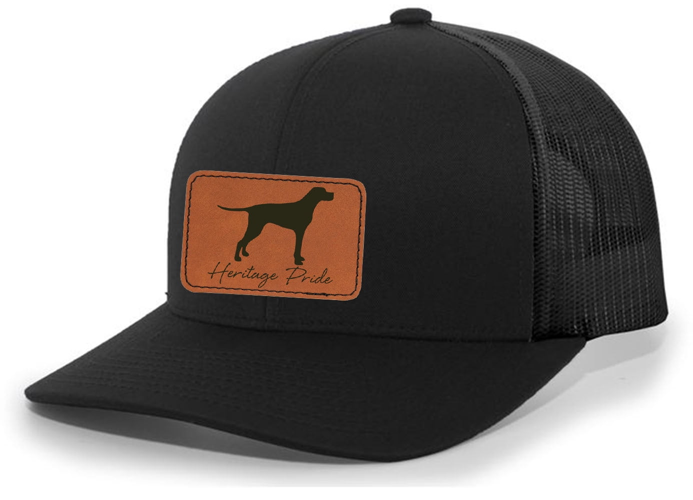 Heritage Pride Canine Collection English Pointer Bird Dog Mens Hunting Engraved Leather Patch Mesh Back Trucker Hat, Black/Black