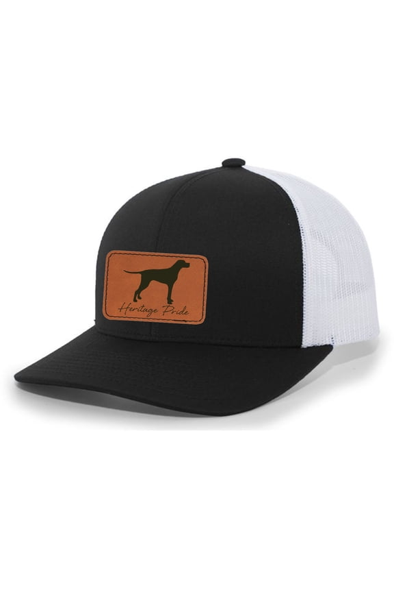 Canine Collection English Pointer Bird Dog Mens Hunting Engraved Leather Patch Mesh Back Trucker Hat, Black/White