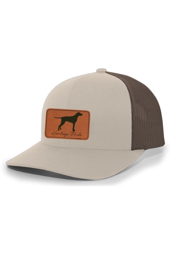 Canine Collection English Pointer Bird Dog Mens Hunting Engraved Leather Patch Mesh Back Trucker Hat, Khaki/Brown