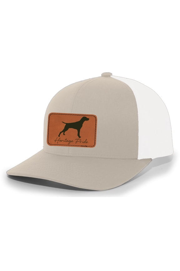 Canine Collection German Pointer Bird Dog Mens Hunting Engraved Leather Patch Mesh Back Trucker Hat, Khaki/White