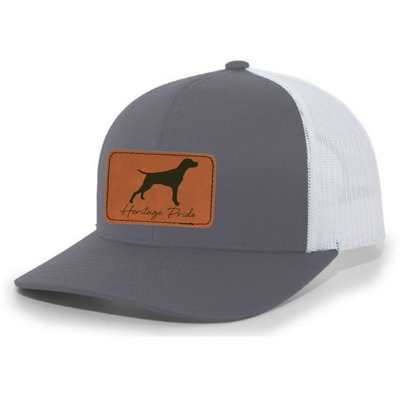 Heritage Pride Canine Collection German Pointer Bird Dog Mens Hunting Engraved Leather Patch Mesh Back Trucker Hat, Charcoal/White