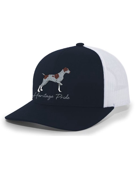 Canine Collection German Shorthaired Pointer Hunting Dog Mens Embroidered Mesh Back Trucker Hat, Navy/White